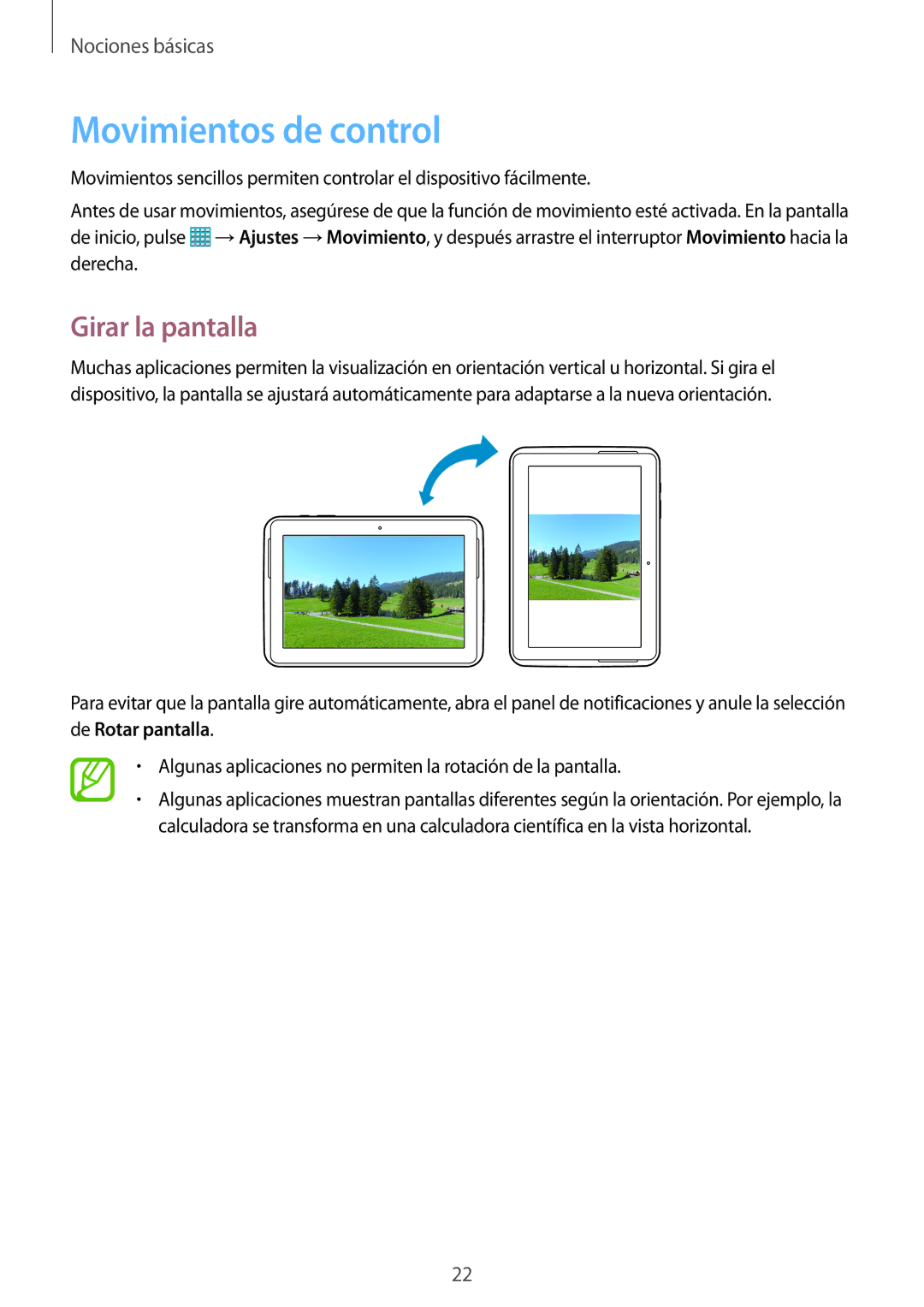 Samsung GT-N8010EAXPHE, GT-N8010EAADBT, GT-N8010ZWATPH, GT-N8010EAATPH manual Movimientos de control, Girar la pantalla 