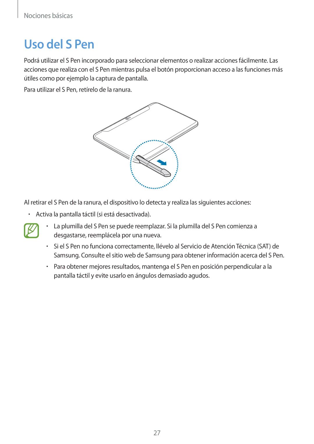 Samsung GT-N8010ZWXPHE, GT-N8010EAADBT, GT-N8010ZWATPH, GT-N8010EAATPH, GT-N8010ZWADBT, GT-N8010GRADBT manual Uso del S Pen 