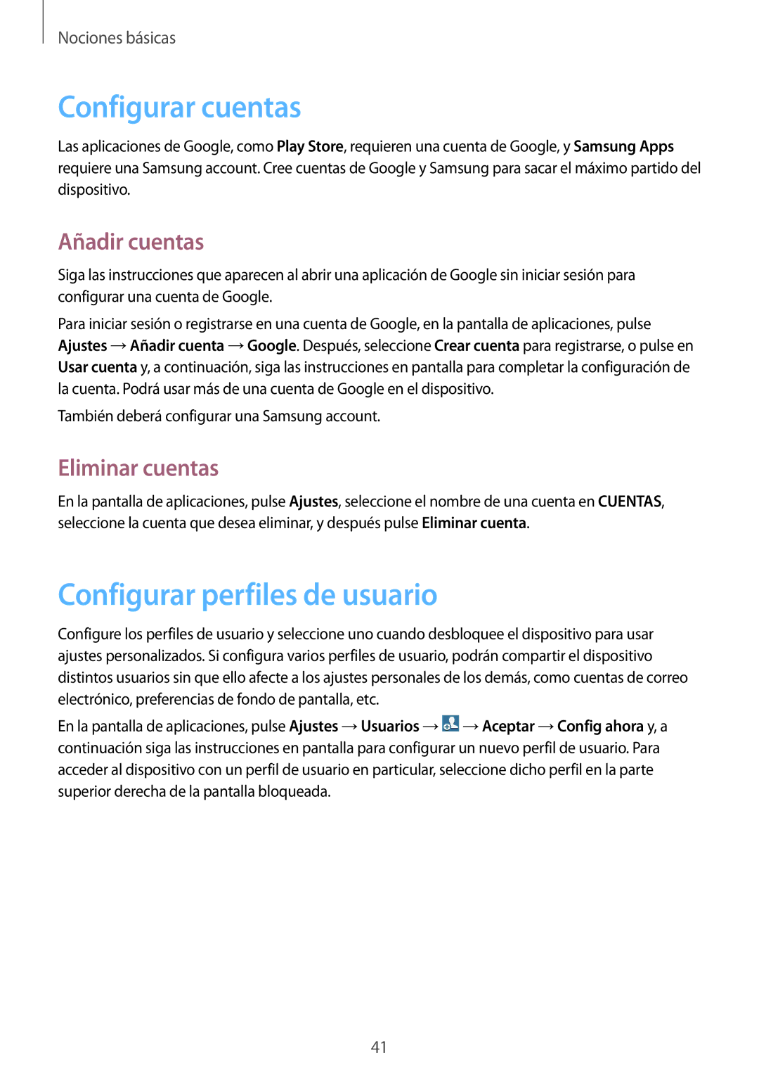 Samsung GT-N8010EAAPHE manual Configurar cuentas, Configurar perfiles de usuario, Añadir cuentas, Eliminar cuentas 