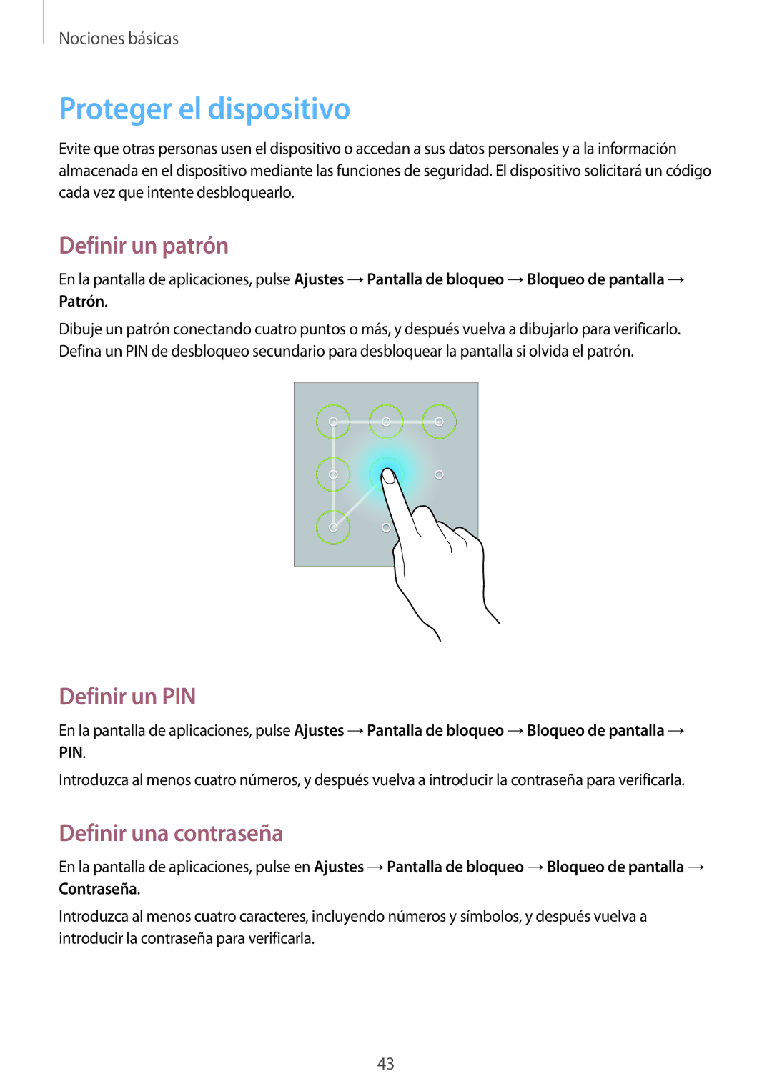 Samsung GT-N8010GRAXEZ, GT-N8010EAADBT Proteger el dispositivo, Definir un patrón, Definir un PIN, Definir una contraseña 