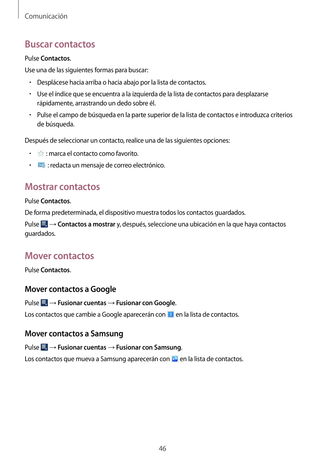 Samsung GT-N8010ZWATPH manual Buscar contactos, Mostrar contactos, Mover contactos a Google, Mover contactos a Samsung 