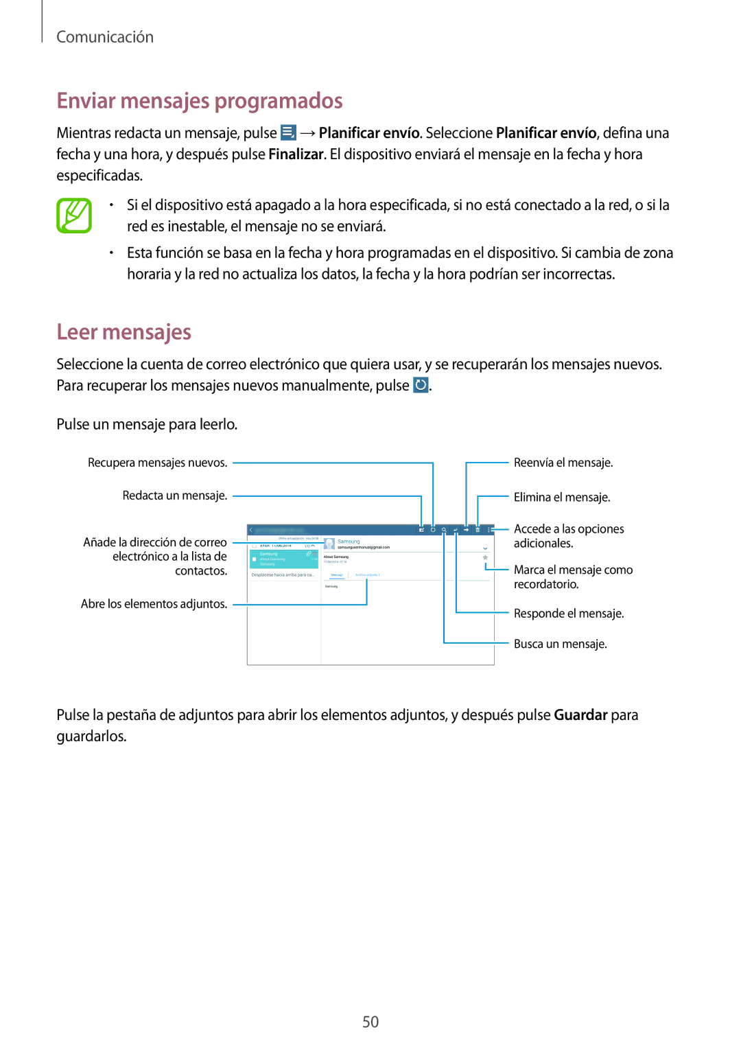 Samsung GT-N8010ZWAXEF, GT-N8010EAADBT, GT-N8010ZWATPH, GT-N8010EAATPH manual Enviar mensajes programados, Leer mensajes 