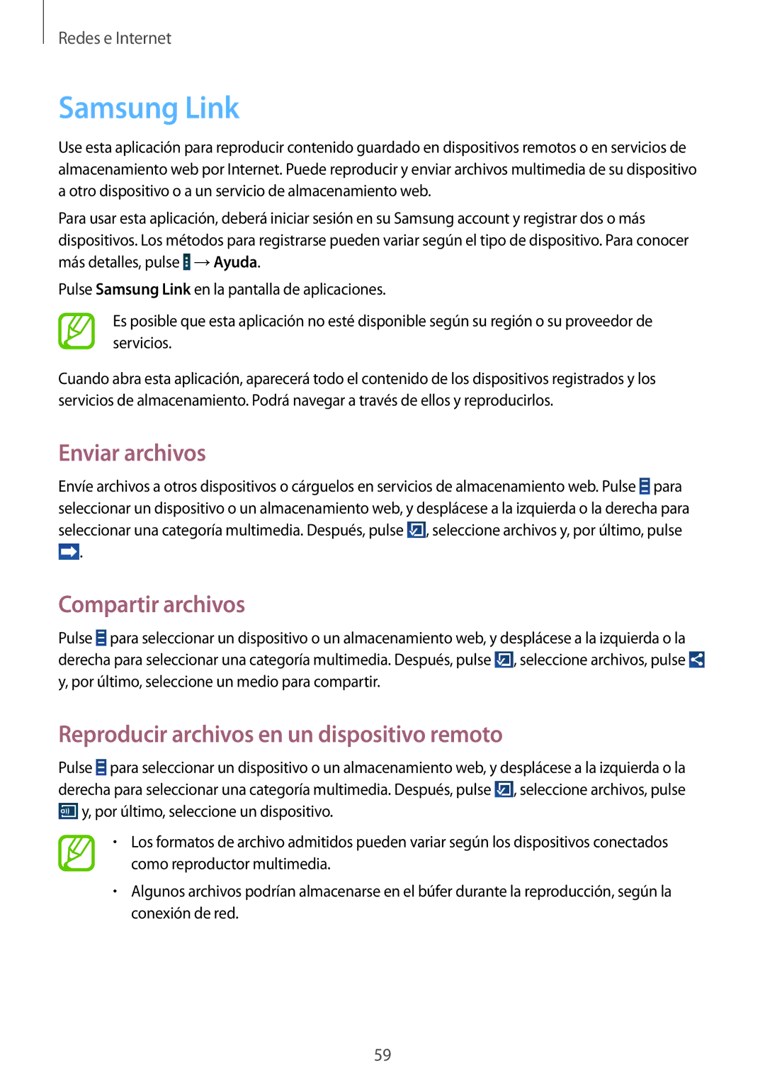Samsung GT-N8010EAAFOP Samsung Link, Enviar archivos, Compartir archivos, Reproducir archivos en un dispositivo remoto 