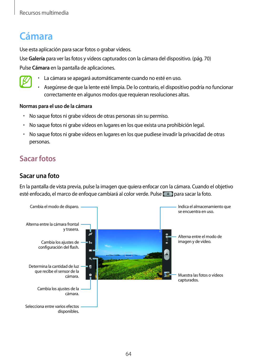 Samsung GT-N8010GRADBT, GT-N8010EAADBT, GT-N8010ZWATPH Cámara, Sacar fotos, Sacar una foto, Normas para el uso de la cámara 