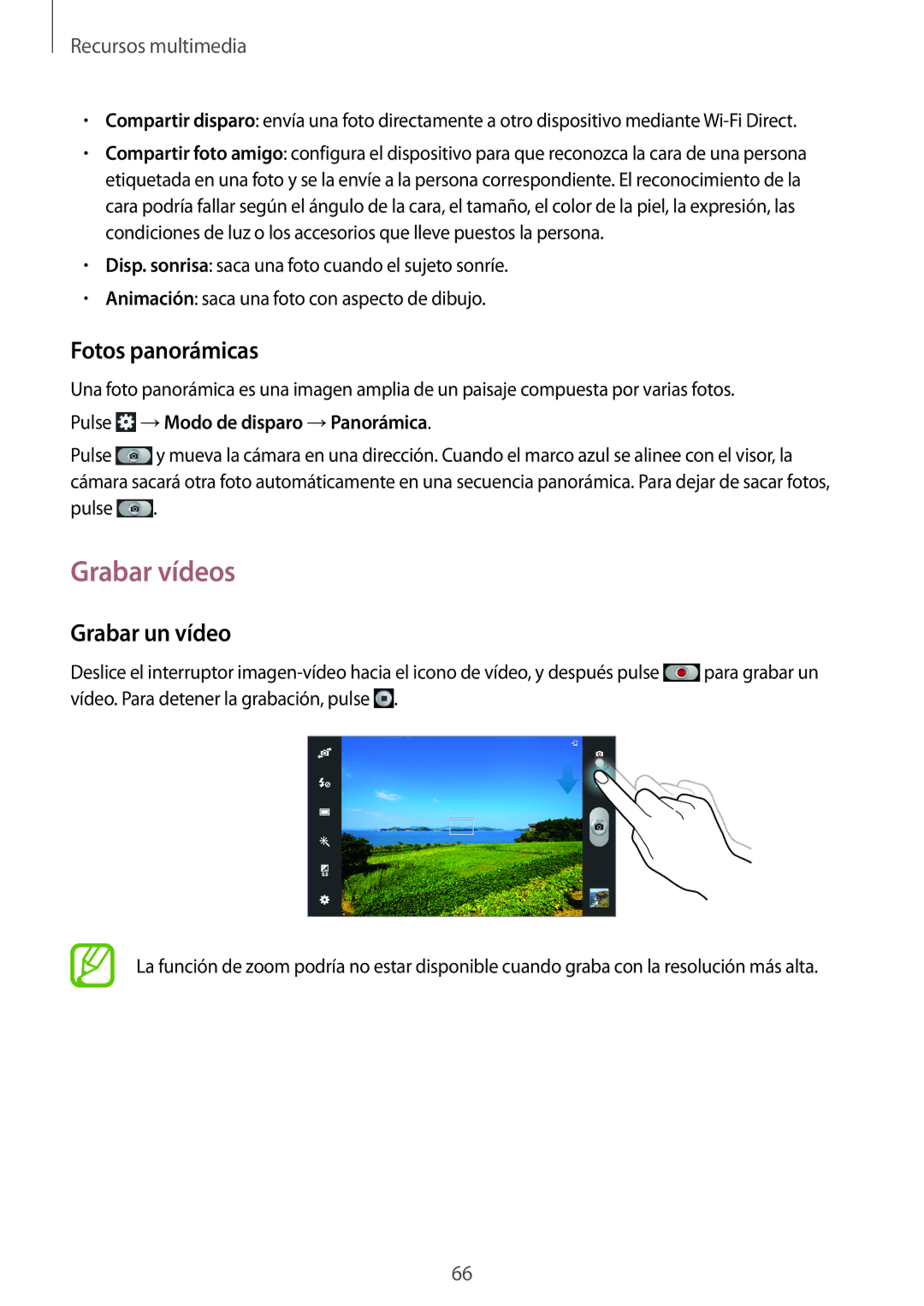 Samsung GT-N8010ZWABTU manual Grabar vídeos, Fotos panorámicas, Grabar un vídeo, Pulse →Modo de disparo →Panorámica 