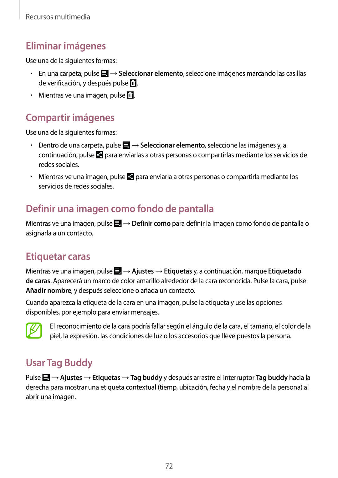 Samsung GT-N8010ZWXPHE Eliminar imágenes, Compartir imágenes, Definir una imagen como fondo de pantalla, Etiquetar caras 