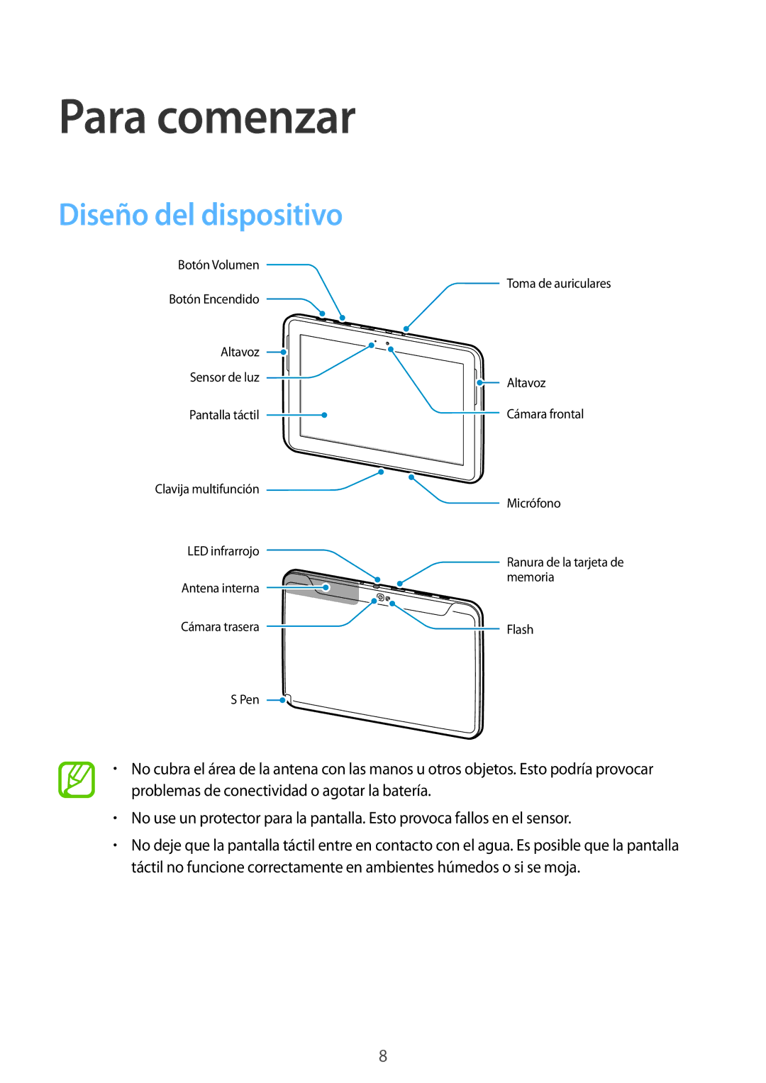 Samsung GT-N8010EAEPHE, GT-N8010EAADBT, GT-N8010ZWATPH, GT-N8010EAATPH, GT-N8010ZWADBT Para comenzar, Diseño del dispositivo 