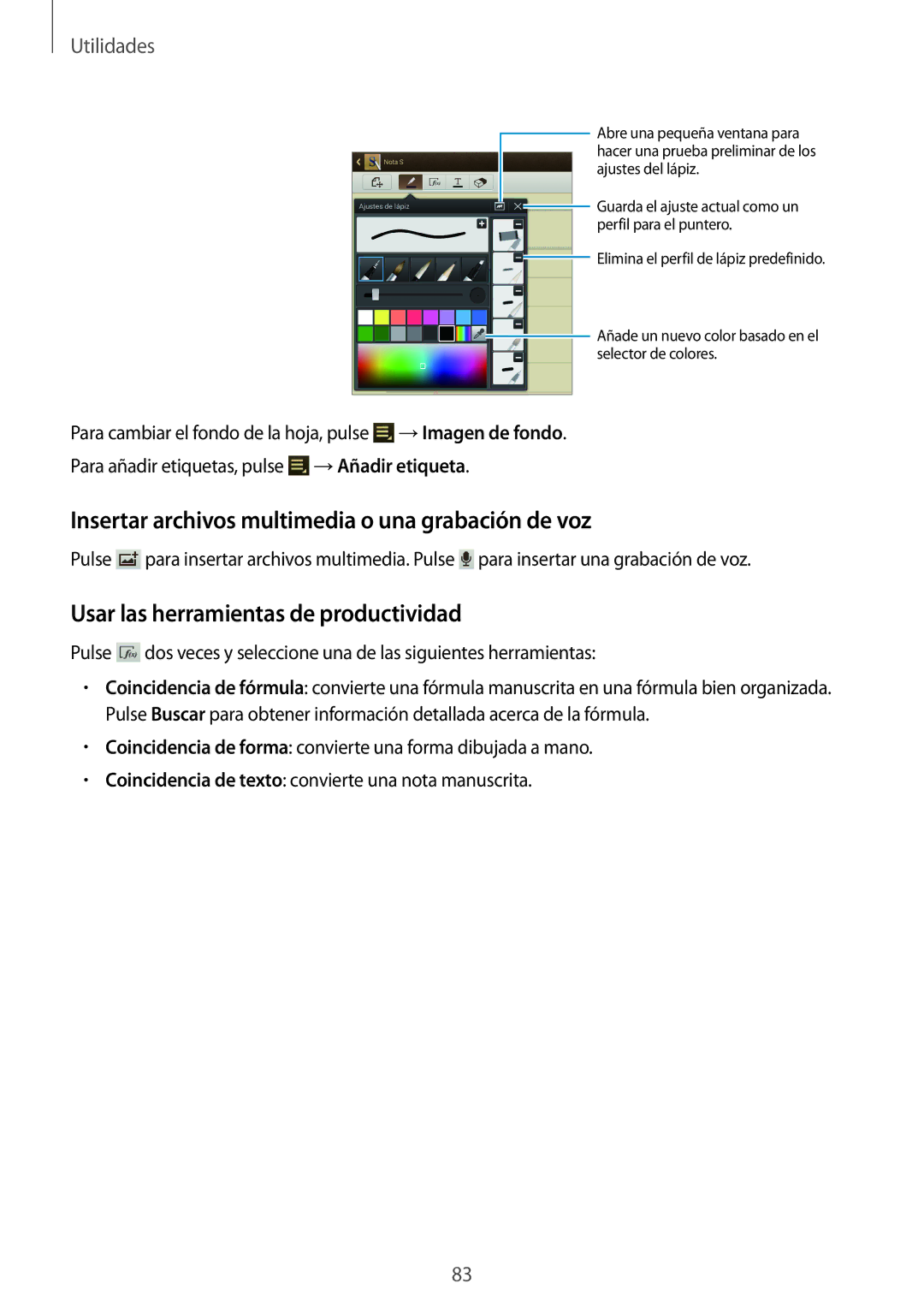 Samsung GT-N8010EAEPHE manual Insertar archivos multimedia o una grabación de voz, Usar las herramientas de productividad 
