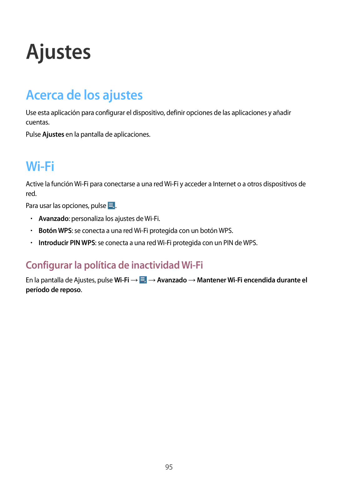 Samsung GT-N8010ZWAXEF, GT-N8010EAADBT Ajustes, Acerca de los ajustes, Configurar la política de inactividad Wi-Fi 
