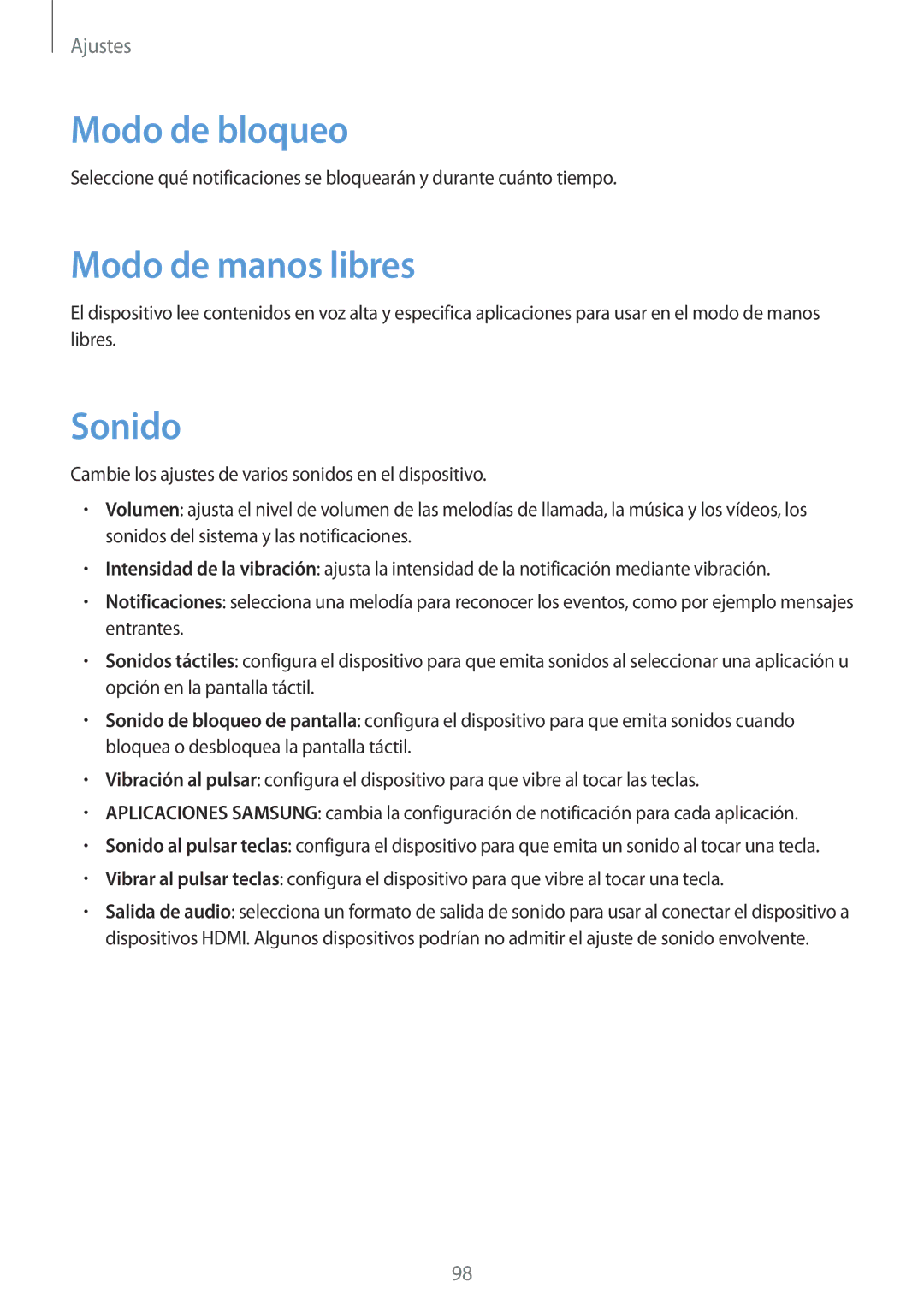 Samsung GT-N8010EAEPHE, GT-N8010EAADBT, GT-N8010ZWATPH, GT-N8010EAATPH manual Modo de bloqueo, Modo de manos libres, Sonido 