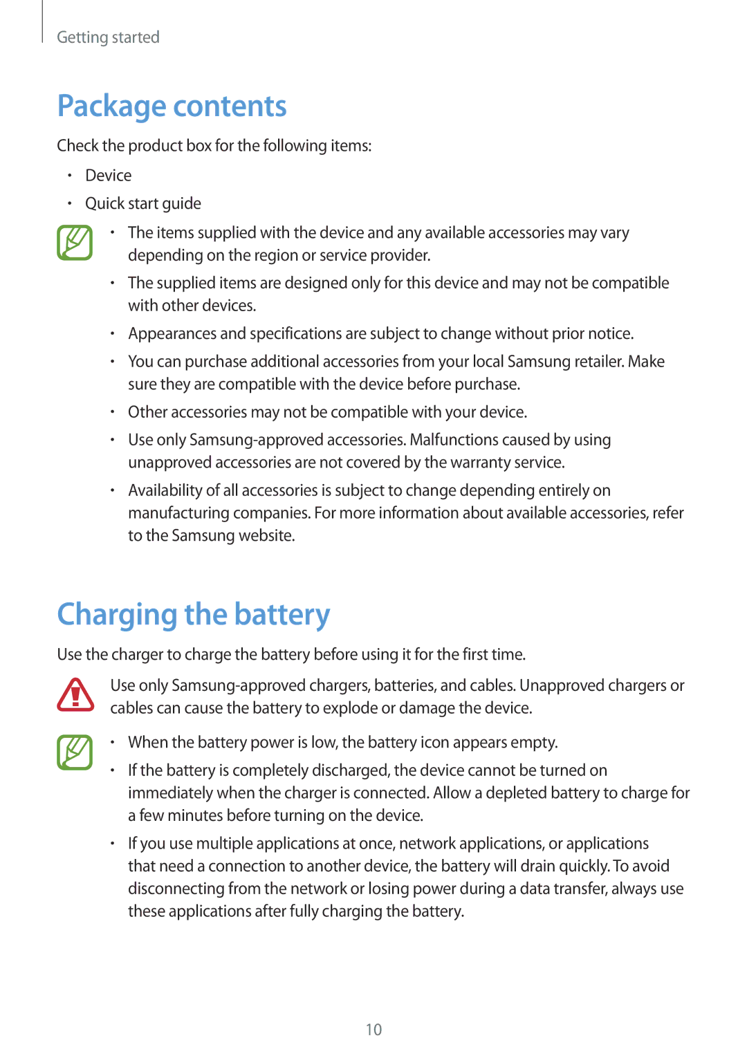 Samsung GT-N8010EAAATO, GT-N8010EAADBT, GT-N8010ZWXDBT, GT-N8010ZWXTUR, GT-N8010ZWATPH Package contents, Charging the battery 