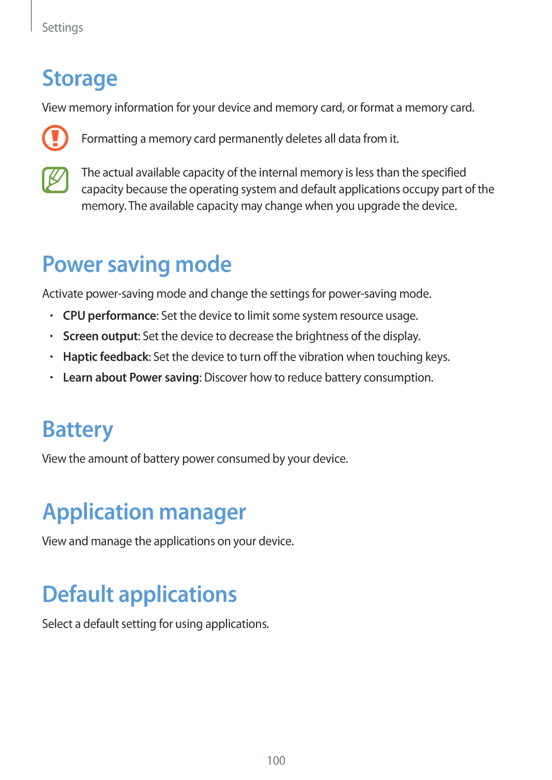 Samsung GT-N8010ZWAXSK, GT-N8010EAADBT manual Storage, Power saving mode, Battery, Application manager, Default applications 