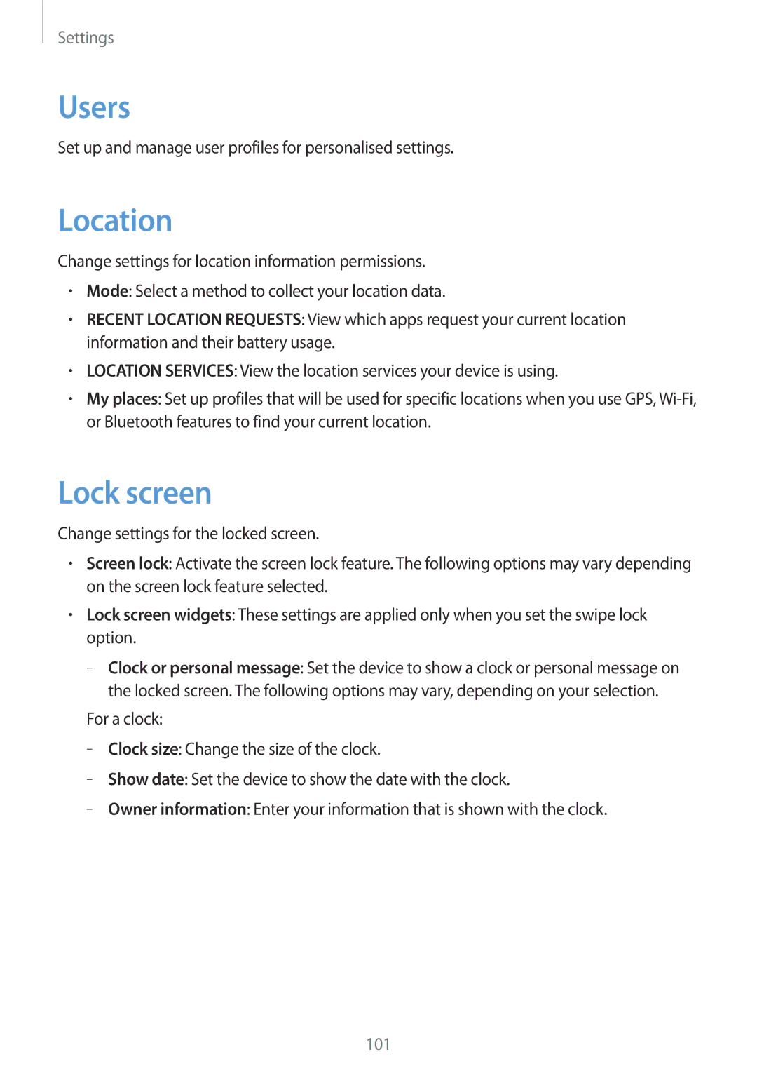 Samsung GT-N8010EAXXSK, GT-N8010EAADBT, GT-N8010ZWXDBT, GT-N8010ZWXTUR, GT-N8010ZWATPH manual Users, Location, Lock screen 