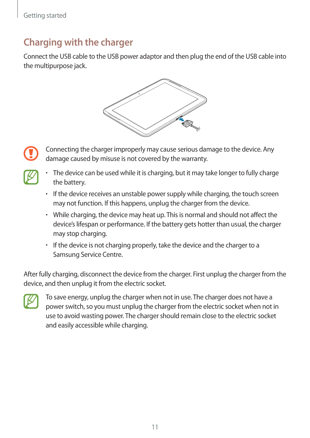 Samsung GT-N8010GRADBT, GT-N8010EAADBT, GT-N8010ZWXDBT, GT-N8010ZWXTUR, GT-N8010ZWATPH manual Charging with the charger 