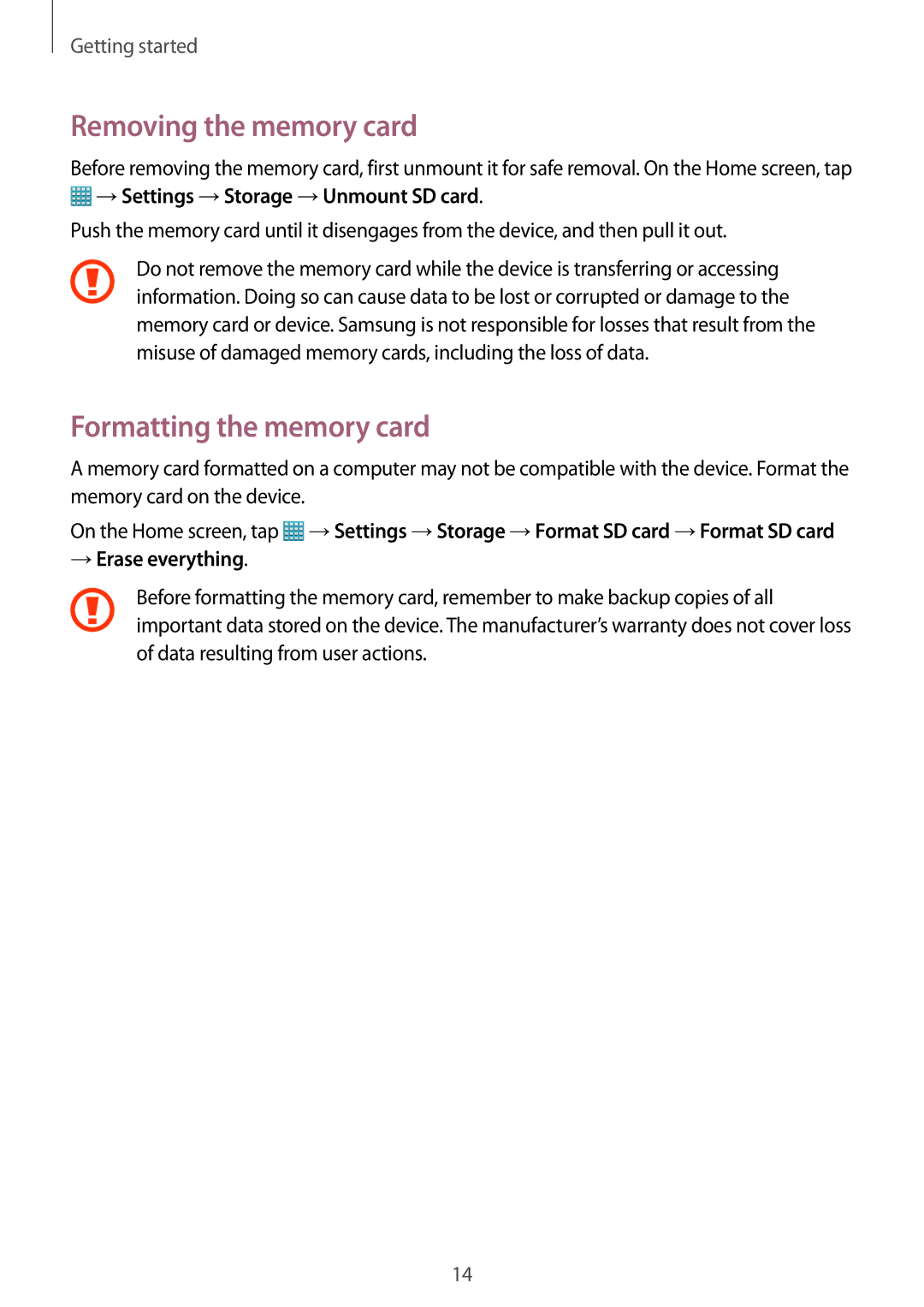 Samsung GT-N8010ZWXXEF manual Removing the memory card, Formatting the memory card, →Settings →Storage →Unmount SD card 