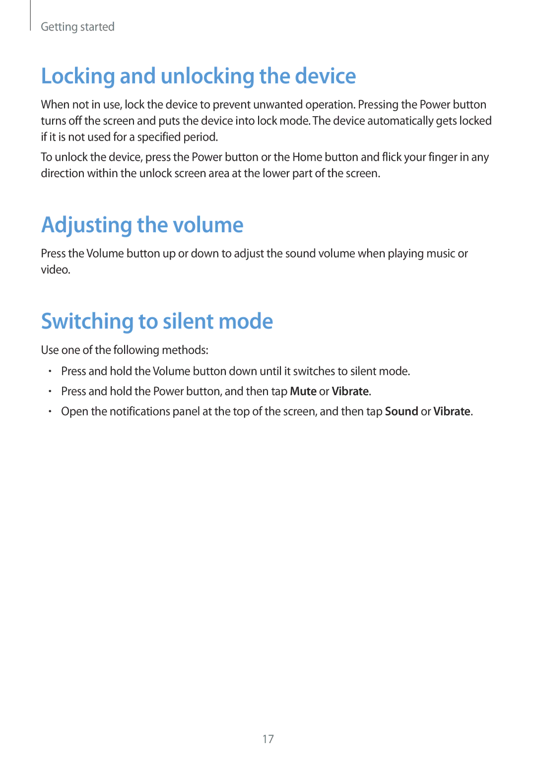 Samsung GT-N8010ZWEXEF, GT-N8010EAADBT Locking and unlocking the device, Adjusting the volume, Switching to silent mode 