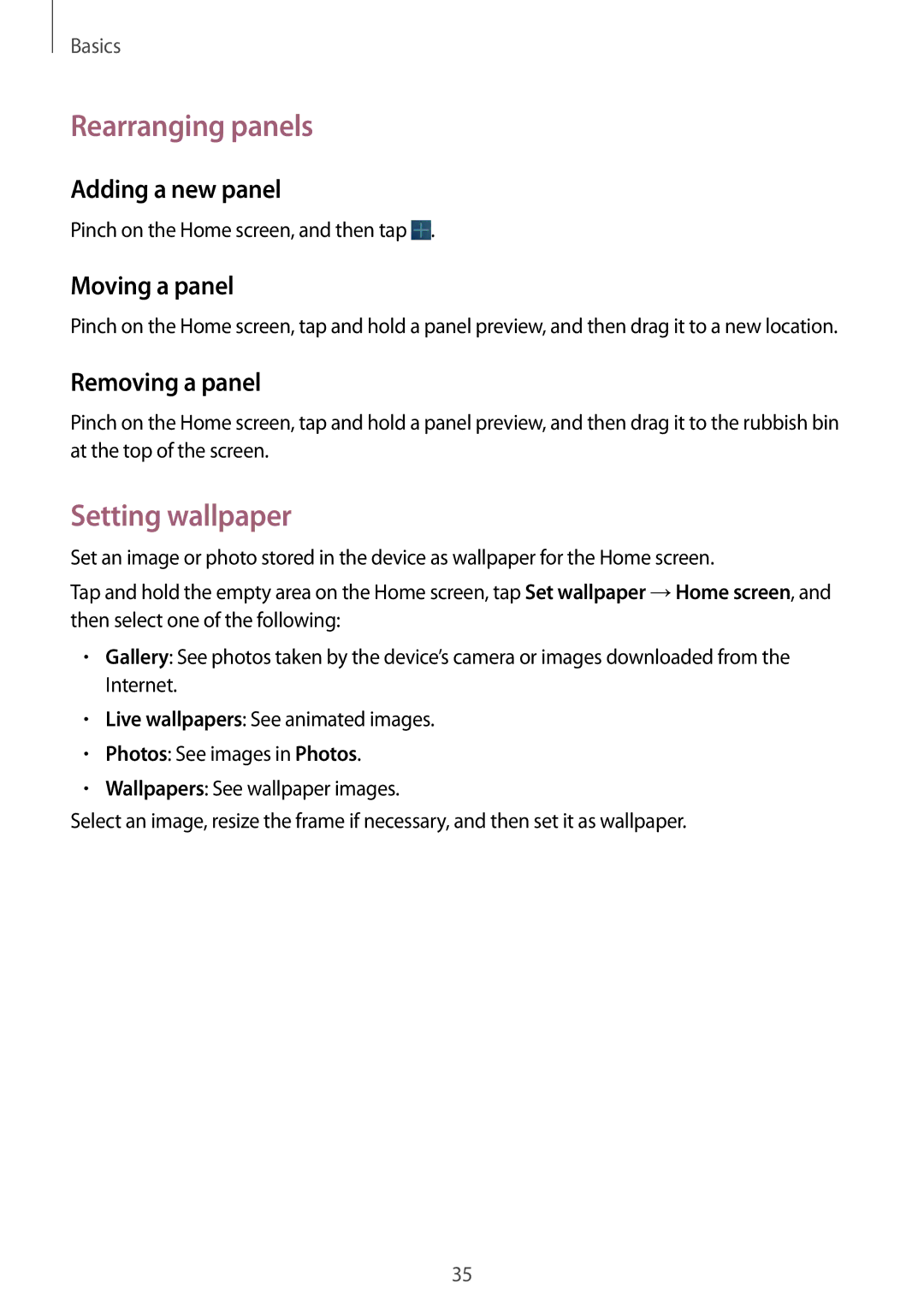 Samsung GT-N8010EAAGBL manual Rearranging panels, Setting wallpaper, Adding a new panel, Moving a panel, Removing a panel 