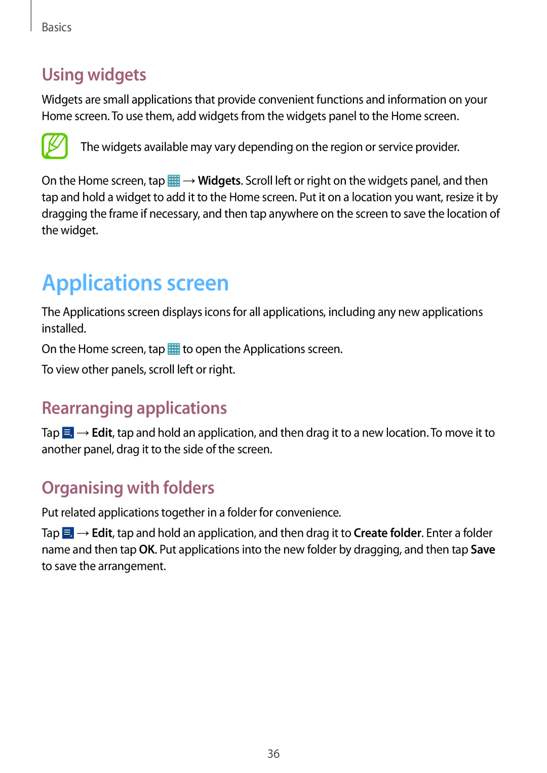 Samsung GT-N8010EAAVVT manual Applications screen, Using widgets, Rearranging applications, Organising with folders 