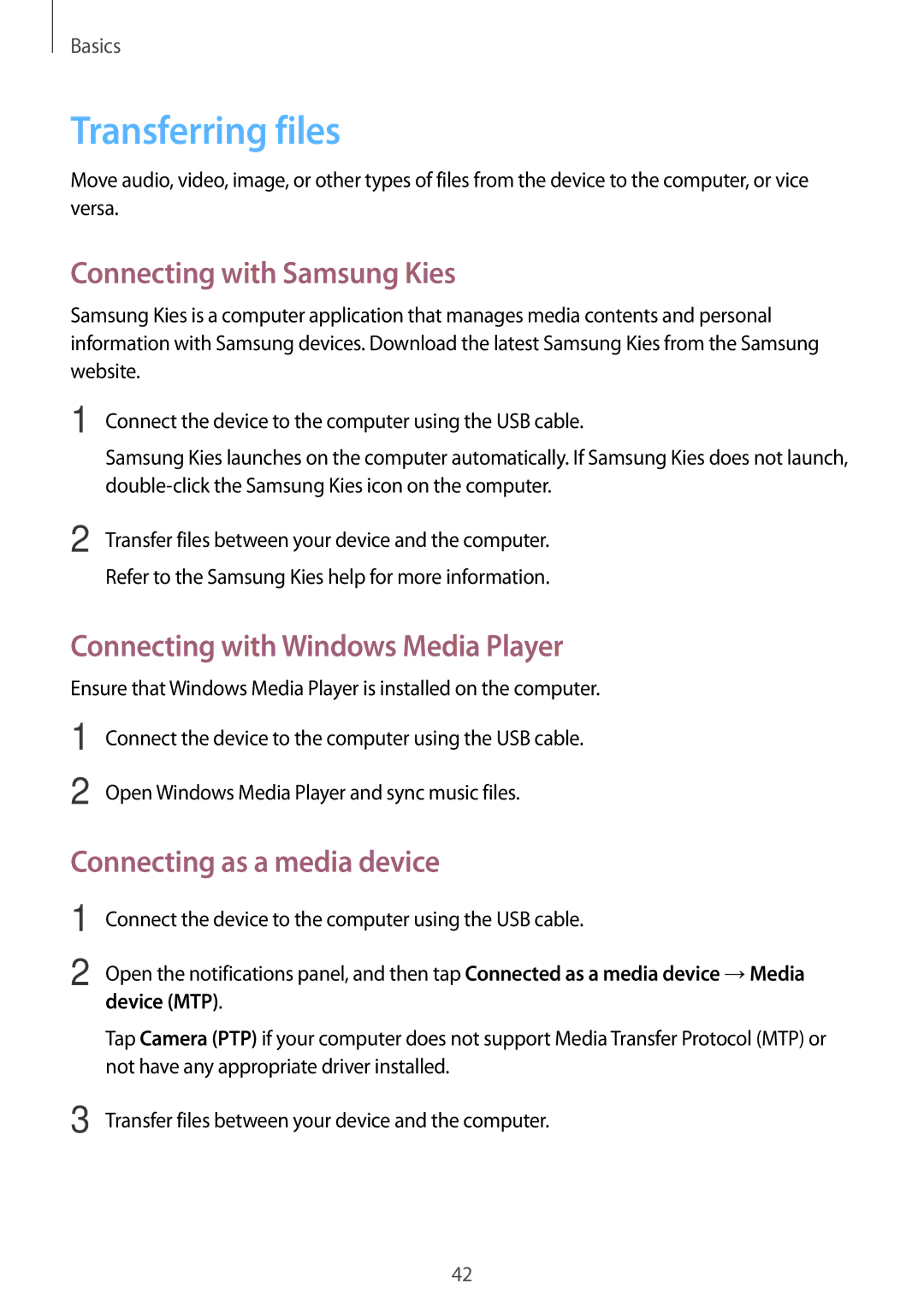 Samsung GT-N8010ZWAXEZ Transferring files, Connecting with Samsung Kies, Connecting with Windows Media Player, Device MTP 