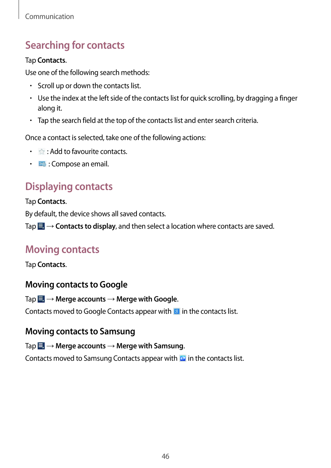 Samsung GT-N8010EAXXSK, GT-N8010EAADBT manual Searching for contacts, Displaying contacts, Moving contacts to Google 