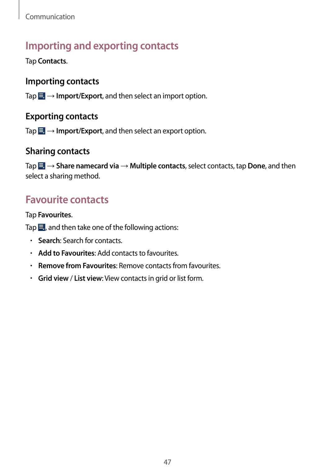 Samsung GT-N8010EAASEB manual Importing and exporting contacts, Favourite contacts, Importing contacts, Exporting contacts 