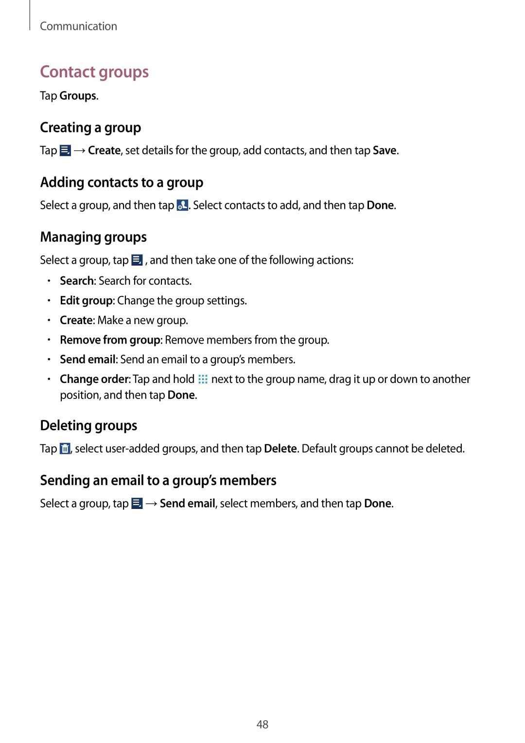 Samsung GT-N8010ZWASEB, GT-N8010EAADBT, GT-N8010ZWXDBT, GT-N8010ZWXTUR, GT-N8010ZWATPH, GT-N8010EAXDBT manual Contact groups 