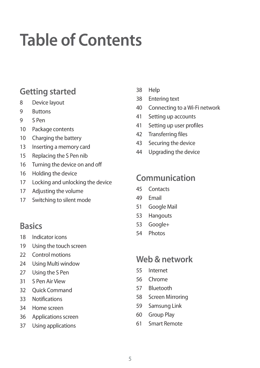 Samsung GT-N8010EAATUR, GT-N8010EAADBT, GT-N8010ZWXDBT, GT-N8010ZWXTUR, GT-N8010ZWATPH, GT-N8010EAXDBT manual Table of Contents 