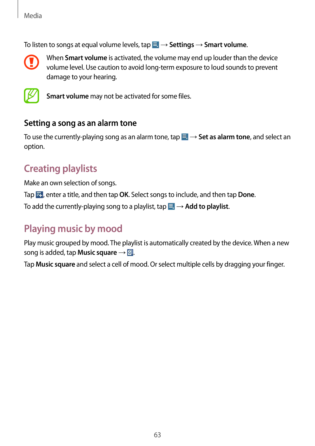 Samsung GT-N8010EAAEUR, GT-N8010EAADBT manual Creating playlists, Playing music by mood, Setting a song as an alarm tone 