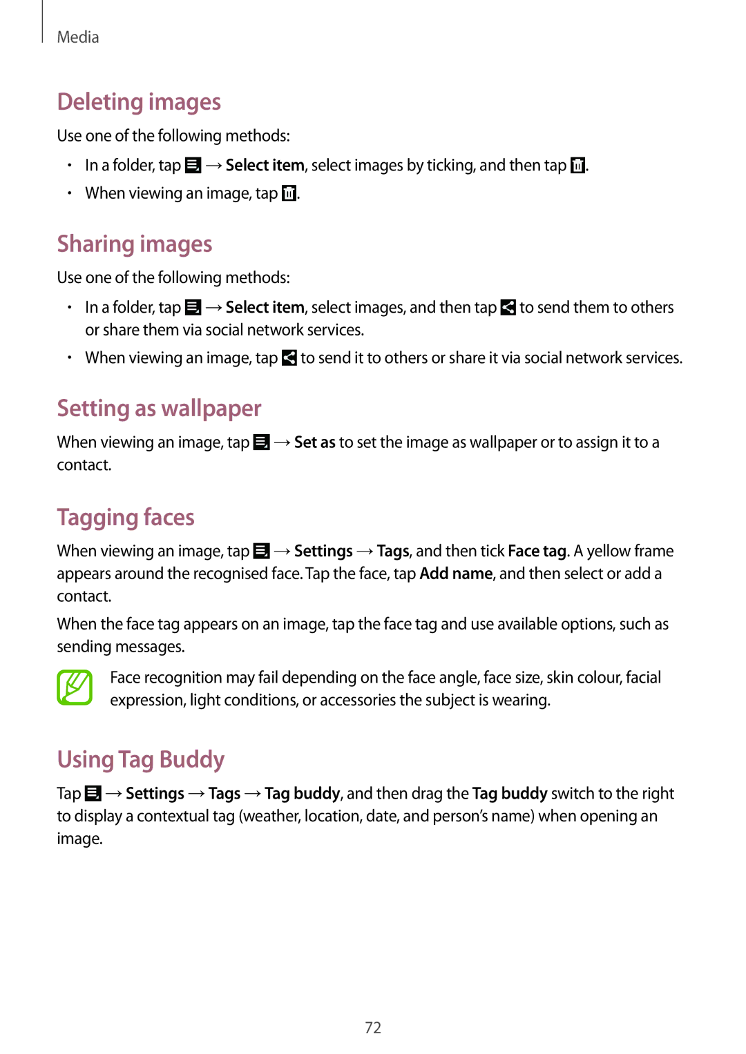 Samsung GT-N8010ZWEXEF manual Deleting images, Sharing images, Setting as wallpaper, Tagging faces, Using Tag Buddy 