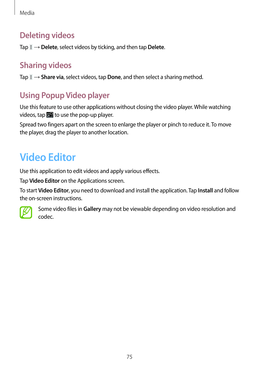 Samsung GT-N8010EAAITV, GT-N8010EAADBT manual Video Editor, Deleting videos, Sharing videos, Using Popup Video player 
