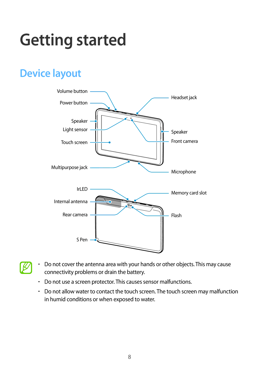 Samsung GT-N8010EAAEUR, GT-N8010EAADBT, GT-N8010ZWXDBT, GT-N8010ZWXTUR, GT-N8010ZWATPH manual Getting started, Device layout 