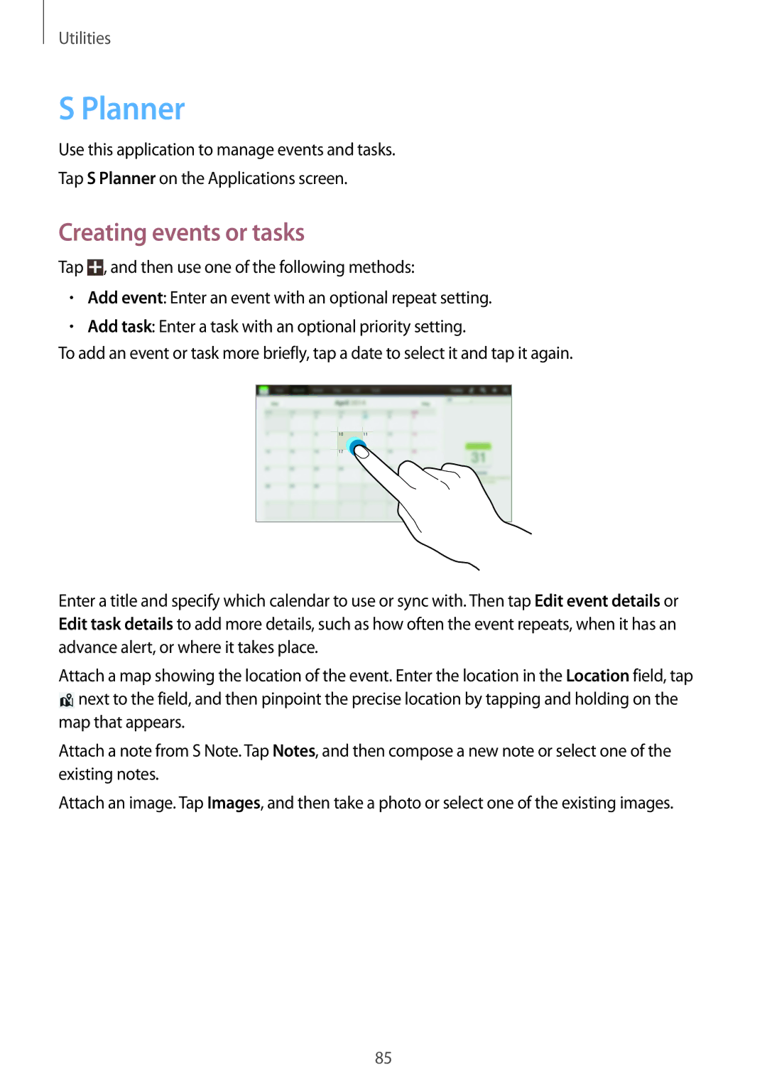 Samsung GT-N8010ZWXPHE, GT-N8010EAADBT, GT-N8010ZWXDBT, GT-N8010ZWXTUR, GT-N8010ZWATPH manual Planner, Creating events or tasks 