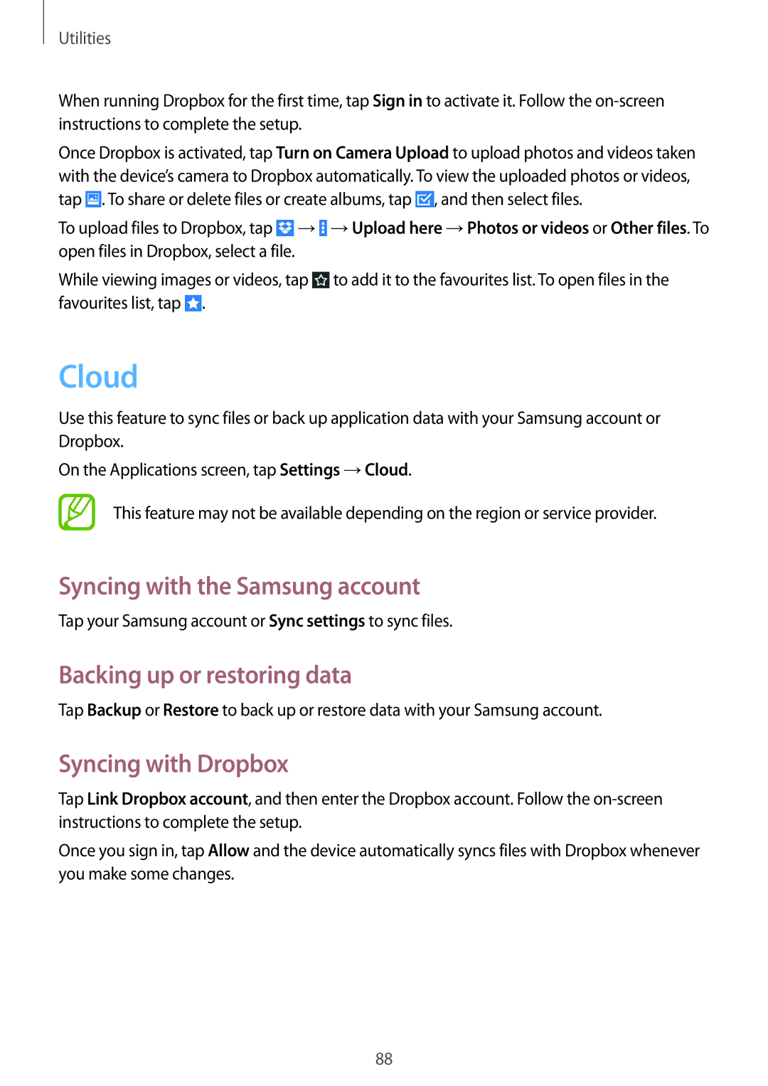 Samsung GT-N8010EAAMTL manual Cloud, Syncing with the Samsung account, Backing up or restoring data, Syncing with Dropbox 