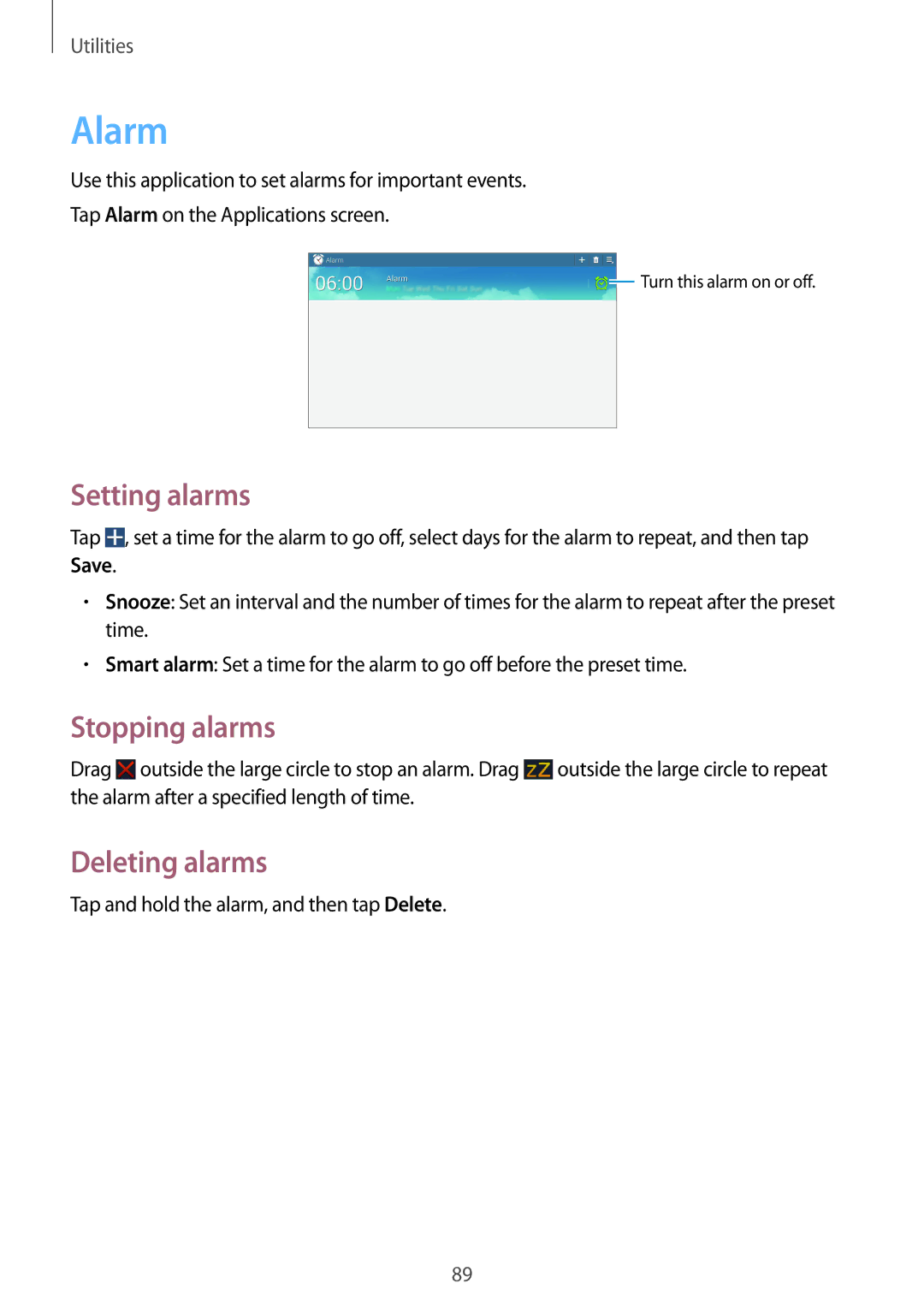 Samsung GT-N8010EAABGL, GT-N8010EAADBT, GT-N8010ZWXDBT manual Alarm, Setting alarms, Stopping alarms, Deleting alarms 