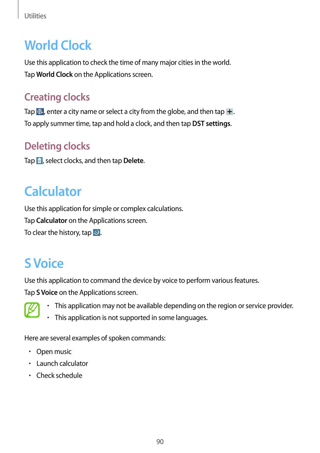 Samsung GT-N8010EAAGBL, GT-N8010EAADBT, GT-N8010ZWXDBT World Clock, Calculator, Voice, Creating clocks, Deleting clocks 