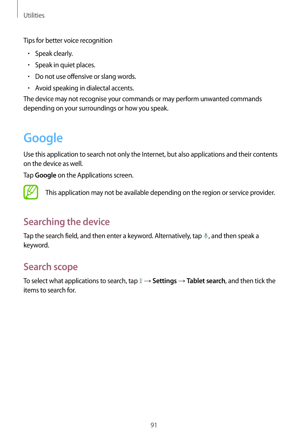 Samsung GT-N8010EAAVVT, GT-N8010EAADBT, GT-N8010ZWXDBT, GT-N8010ZWXTUR manual Google, Searching the device, Search scope 