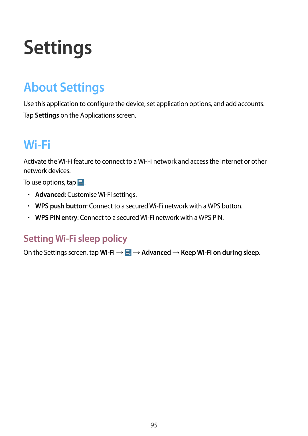 Samsung GT-N8010EAAXSK, GT-N8010EAADBT, GT-N8010ZWXDBT, GT-N8010ZWXTUR About Settings, Setting Wi-Fi sleep policy 