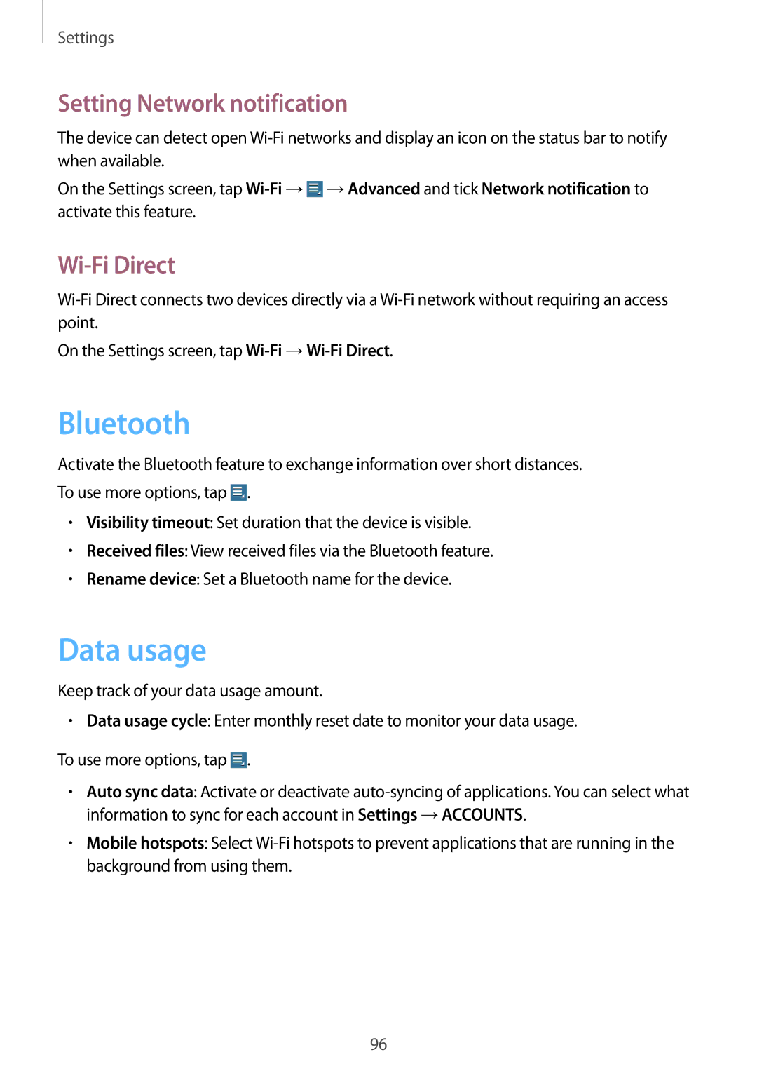 Samsung GT-N8010ZWXXSK, GT-N8010EAADBT, GT-N8010ZWXDBT manual Data usage, Setting Network notification, Wi-Fi Direct 