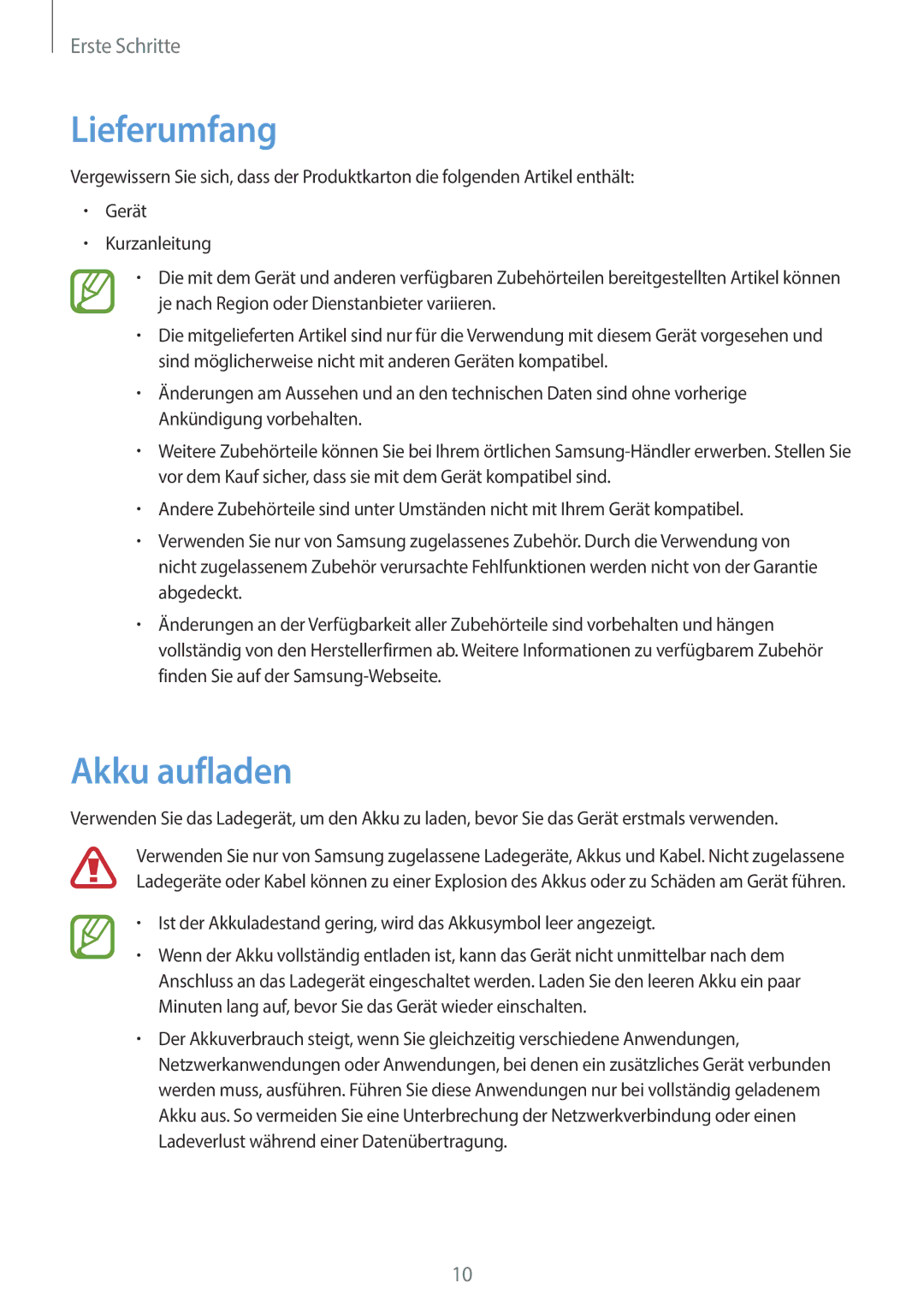 Samsung GT-N8010EAAATO, GT-N8010EAADBT, GT-N8010ZWXDBT, GT-N8010ZWXTUR, GT-N8010ZWATPH manual Lieferumfang, Akku aufladen 