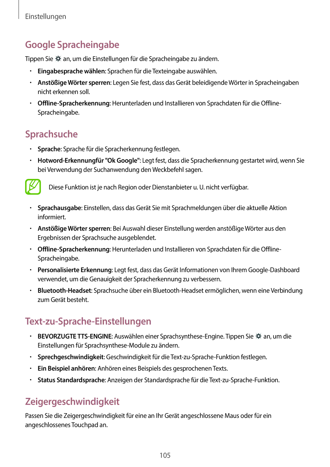 Samsung GT-N8010ZWXDBT manual Google Spracheingabe, Sprachsuche, Text-zu-Sprache-Einstellungen, Zeigergeschwindigkeit 