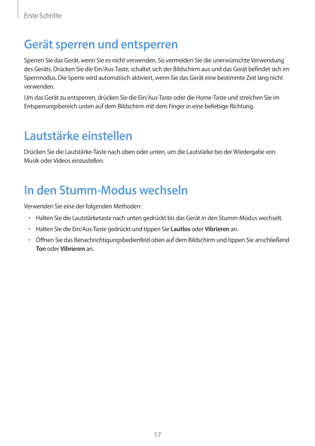 Samsung GT-N8010EAXDBT, GT-N8010EAADBT manual Gerät sperren und entsperren, Lautstärke einstellen, Den Stumm-Modus wechseln 