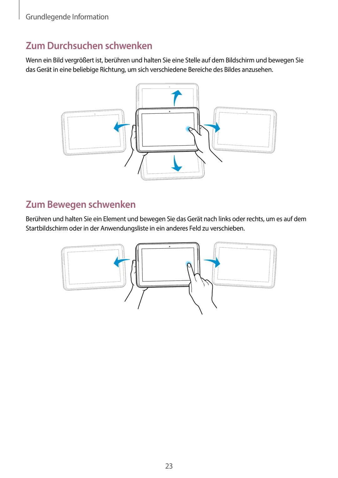 Samsung GT-N8010EAAATO, GT-N8010EAADBT, GT-N8010ZWXDBT, GT-N8010ZWXTUR manual Zum Durchsuchen schwenken, Zum Bewegen schwenken 