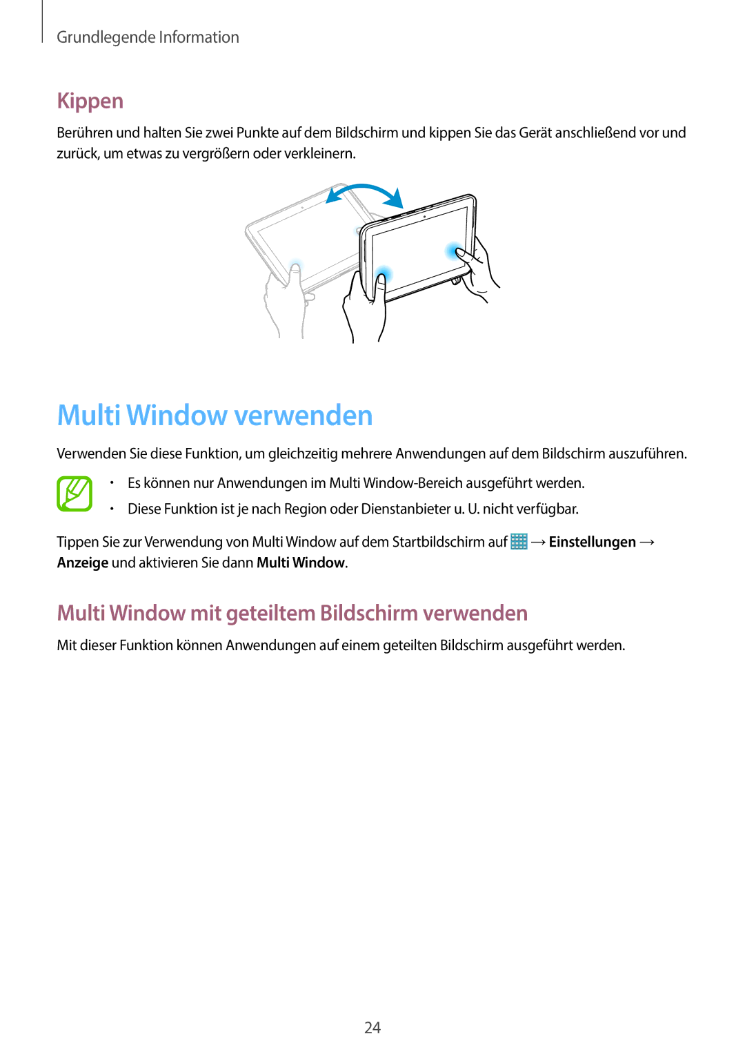 Samsung GT-N8010GRADBT, GT-N8010EAADBT Multi Window verwenden, Kippen, Multi Window mit geteiltem Bildschirm verwenden 