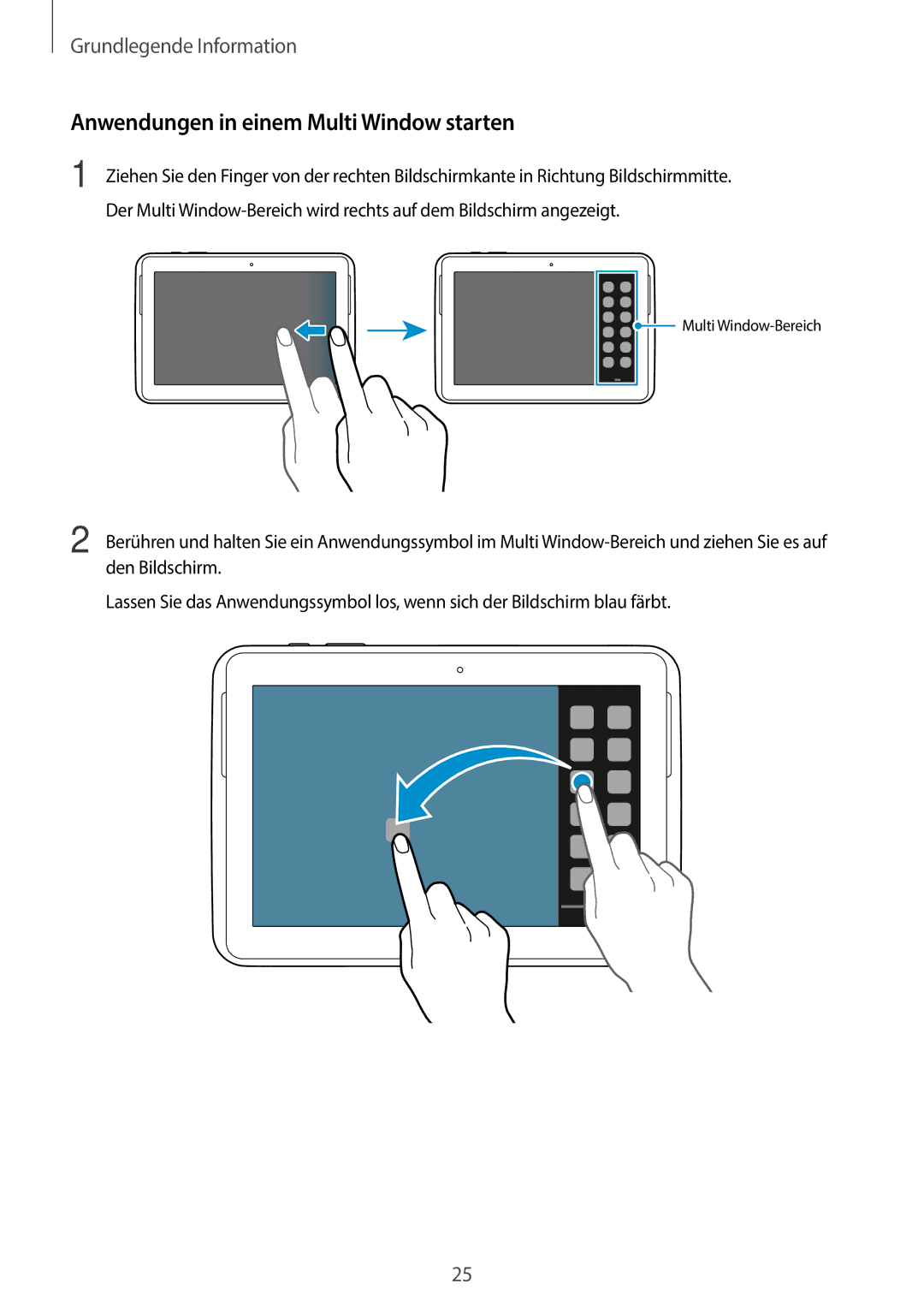 Samsung GT-N8010ZWATUR, GT-N8010EAADBT, GT-N8010ZWXDBT, GT-N8010ZWXTUR manual Anwendungen in einem Multi Window starten 