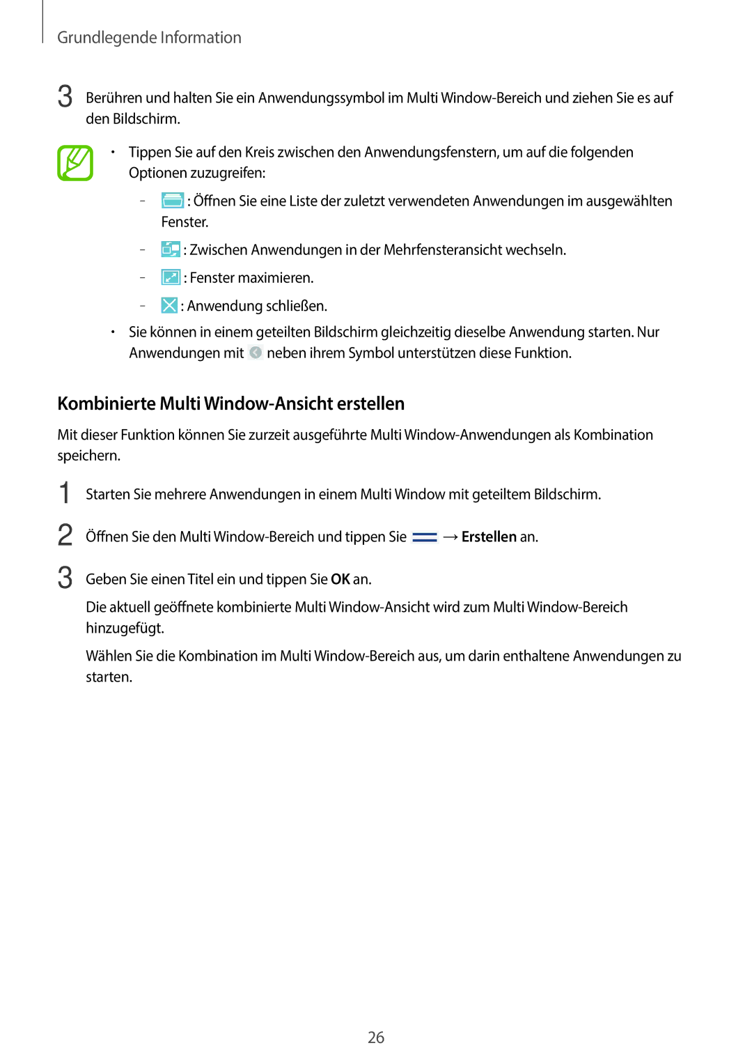 Samsung GT-N8010EAADBT, GT-N8010ZWXDBT, GT-N8010ZWXTUR, GT-N8010ZWATPH manual Kombinierte Multi Window-Ansicht erstellen 