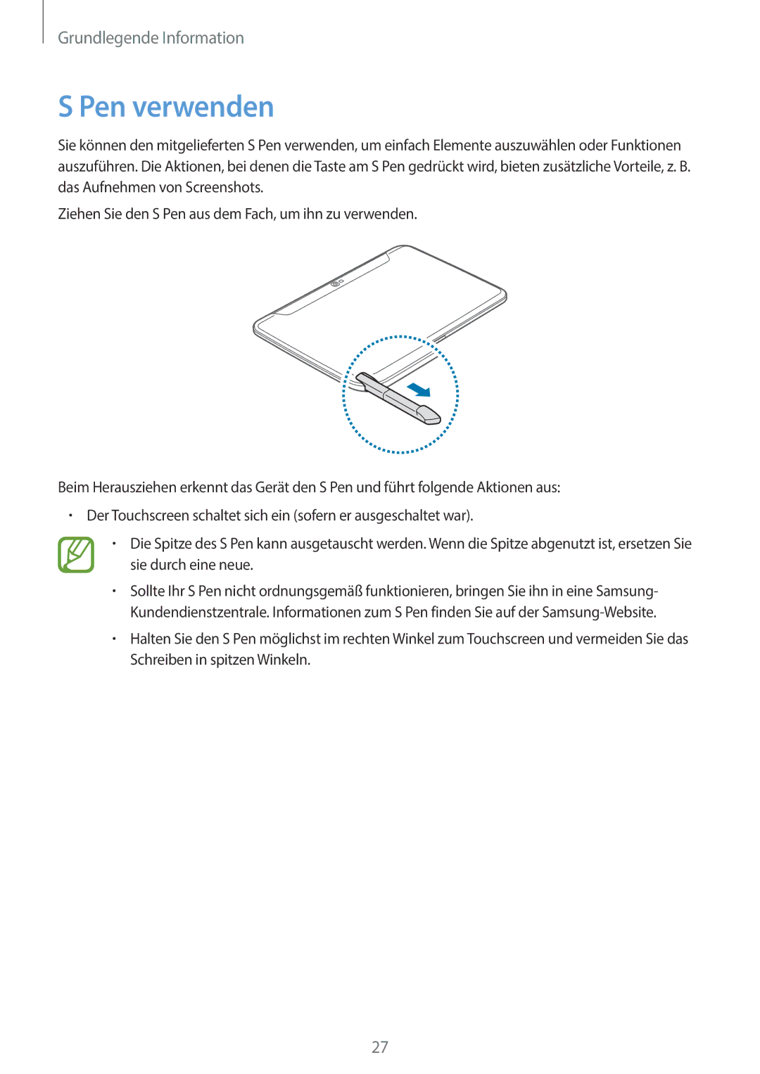 Samsung GT-N8010ZWXDBT, GT-N8010EAADBT, GT-N8010ZWXTUR, GT-N8010ZWATPH, GT-N8010EAXDBT, GT-N8010EAATUR manual Pen verwenden 