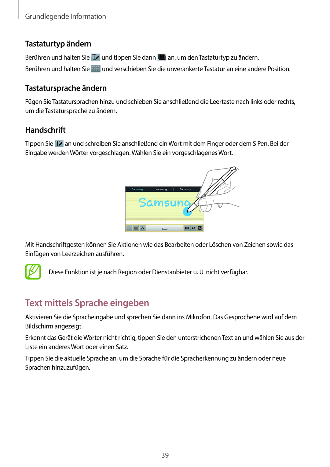 Samsung GT-N8010EAADBT manual Text mittels Sprache eingeben, Tastaturtyp ändern, Tastatursprache ändern, Handschrift 