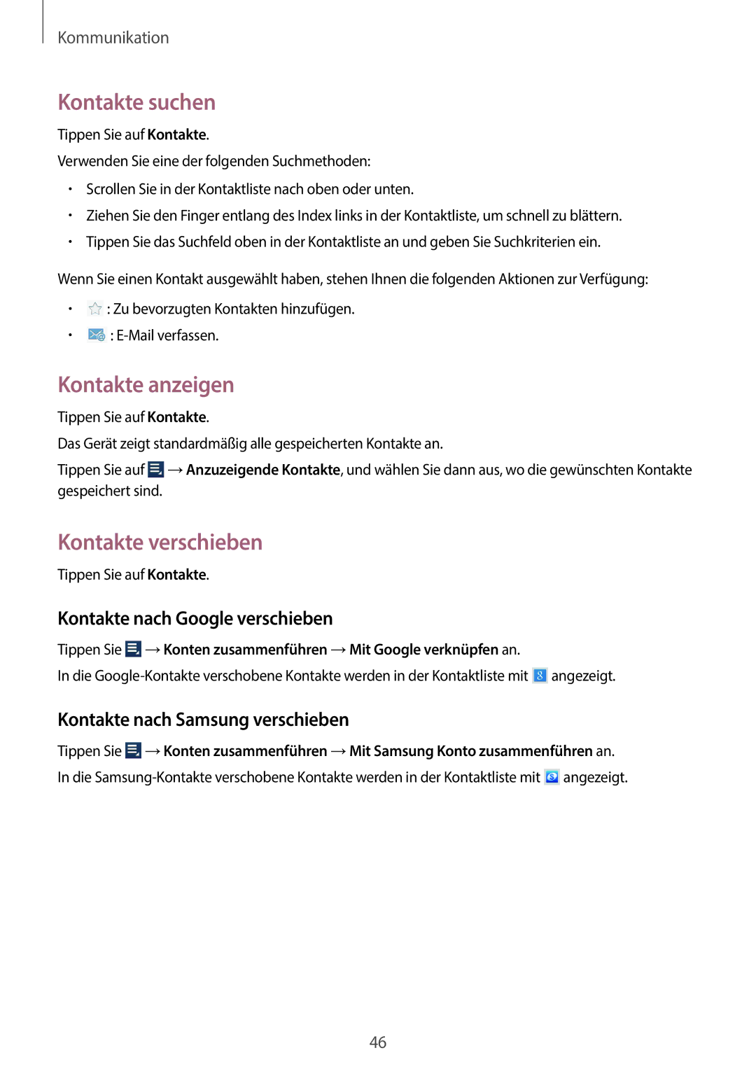Samsung GT-N8010EAATPH manual Kontakte suchen, Kontakte anzeigen, Kontakte verschieben, Kontakte nach Google verschieben 
