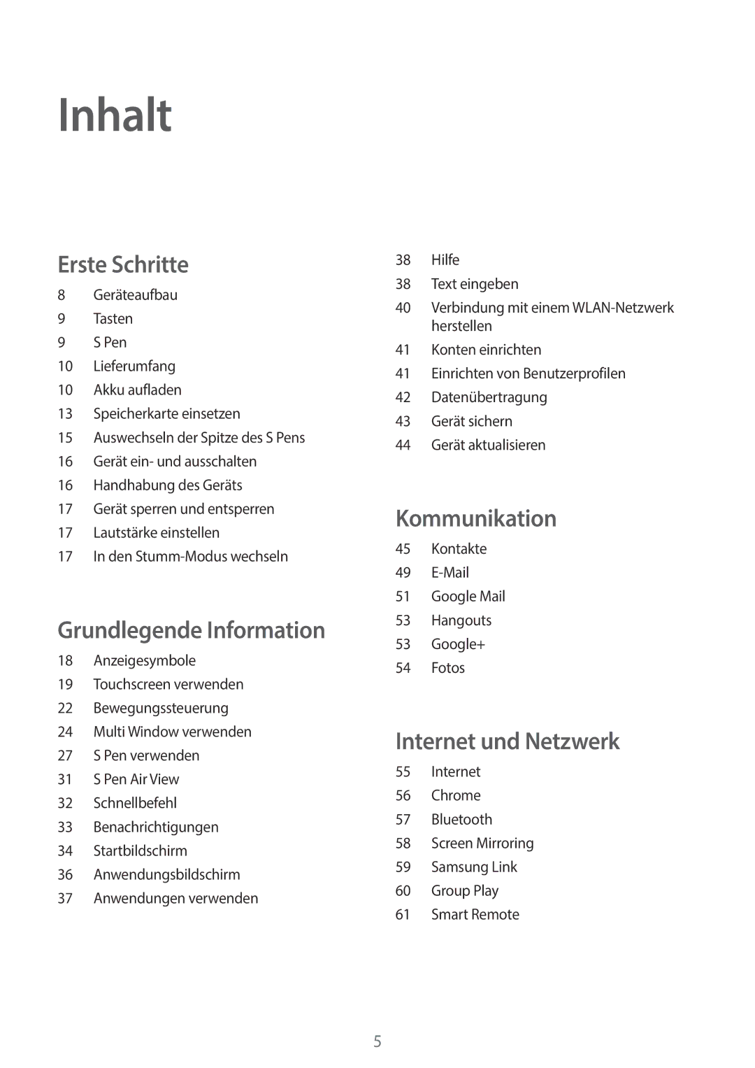 Samsung GT-N8010EAATUR, GT-N8010EAADBT, GT-N8010ZWXDBT, GT-N8010ZWXTUR, GT-N8010ZWATPH, GT-N8010EAXDBT Inhalt, Erste Schritte 