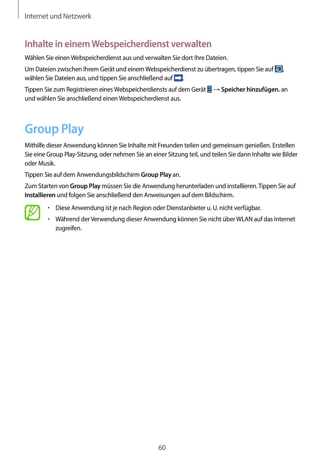 Samsung GT-N8010EAAEUR, GT-N8010EAADBT, GT-N8010ZWXDBT manual Group Play, Inhalte in einem Webspeicherdienst verwalten 